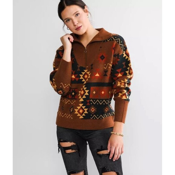 BKE‎ Western Pullover Sweate 3/4 Zip Women’s Size Large Boho Aztec Brown Soft - Picture 2 of 12